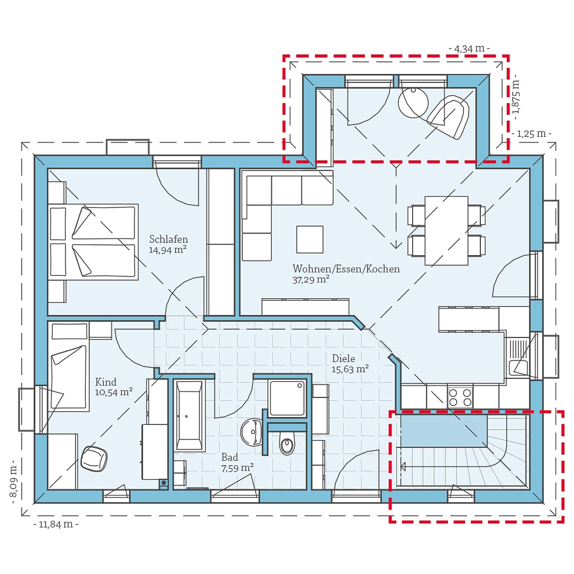 Prefabricated house Bungalow 80: Floor plan option ground floor