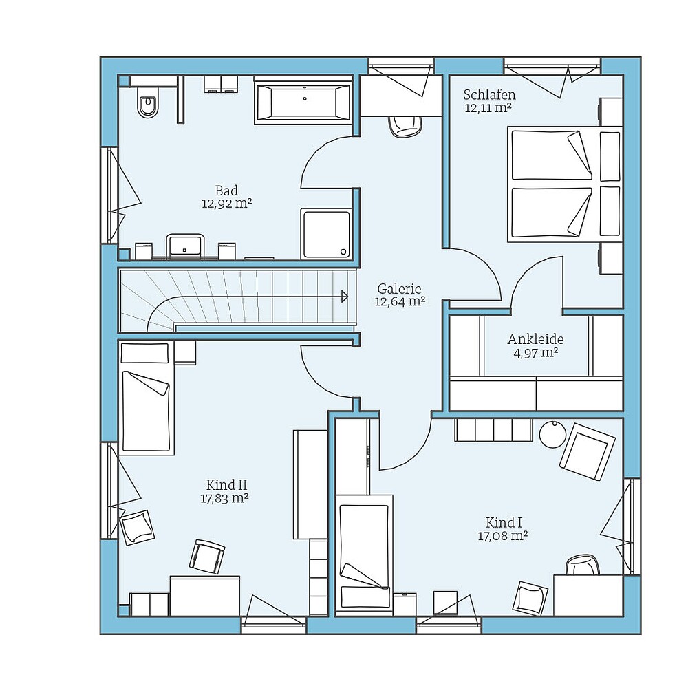 Grundriss (Obergeschoss) QNG⁺-Line: Cubus 155: Grundriss OG - Hanse Haus