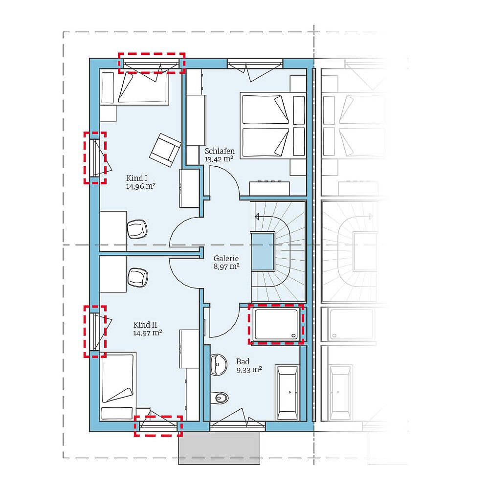 Planungsoption (Obergeschoss) QNG⁺-Line: Doppelhaus 125: Grundrissoption 1 OG - Hanse Haus