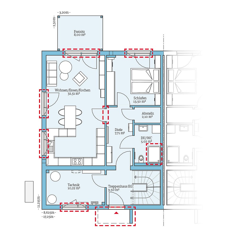 Planungsoption (Erdgeschoss) QNG⁺-Line Doppelhaus 159: Grundrissoption 1 EG - Hanse Haus
