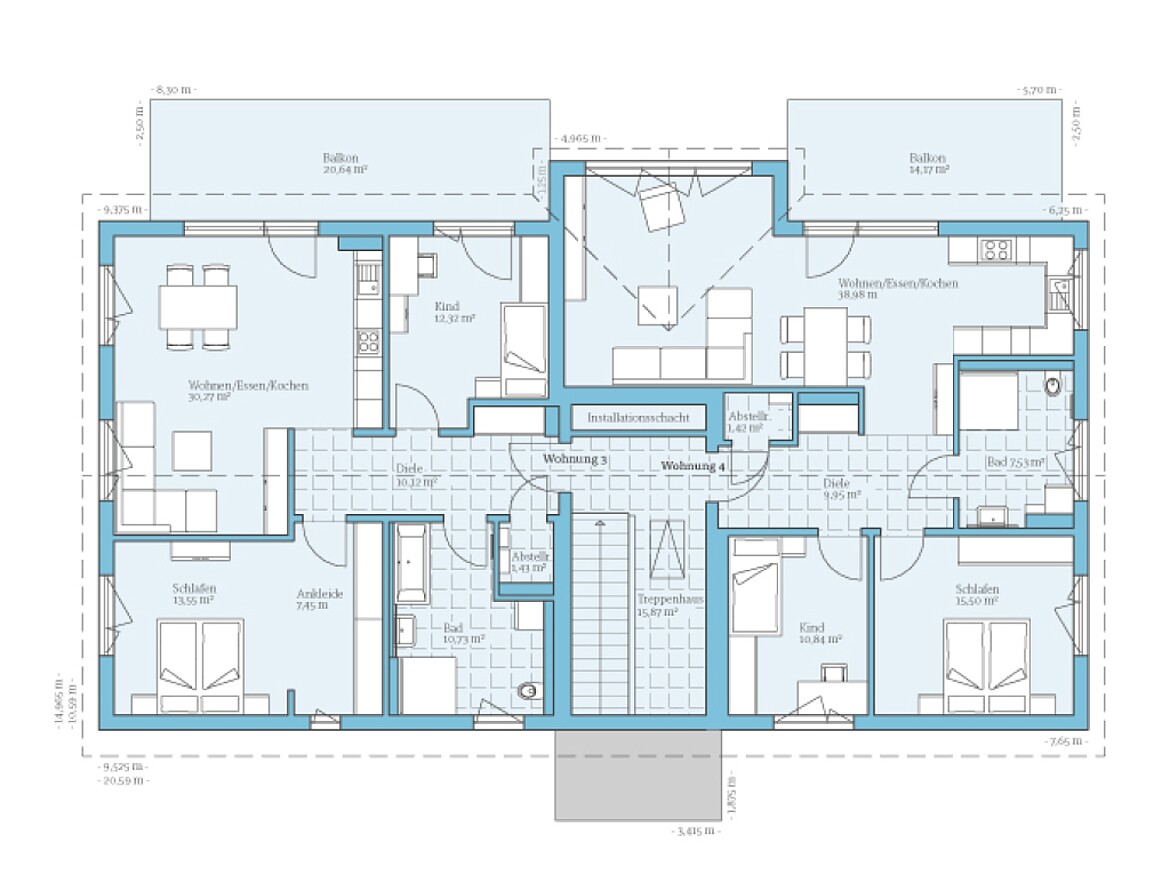 Prefabricated multi-family house 4 residential units: Floor plan OG