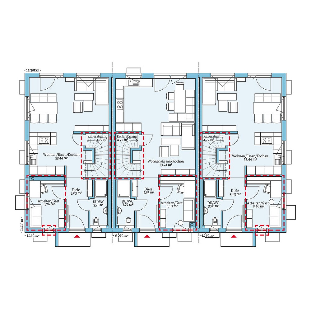 Planungsoption mit Keller (Erdgeschoss) QNG⁺-Line Reihenhaus 113: Grundrissoption EG - Hanse Hause