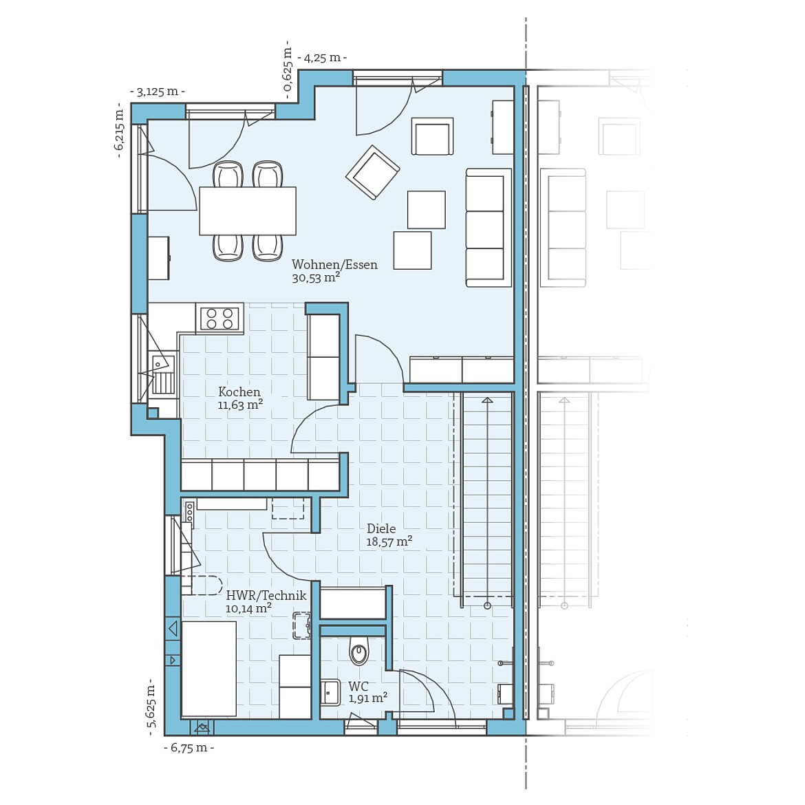 Prefabricated semi-detached house 144: Ground floor plan