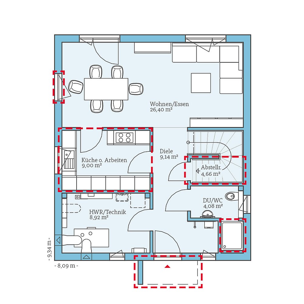 Planungsoption Erdgeschoss 1 QNG⁺-Line: Villa 124: Grundrissoption 1 EG - Hanse Hause