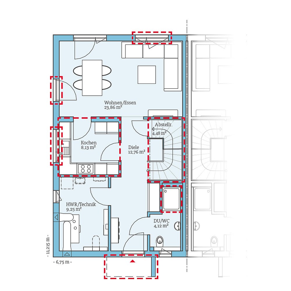 Planungsoption (Erdgeschoss) QNG⁺-Line: Doppelhaus 125: Grundrissoption 1 EG - Hanse Haus
