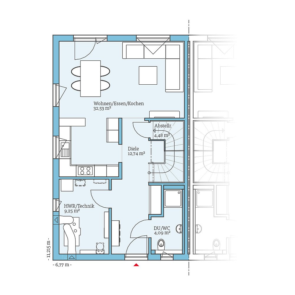 QNG⁺-Line Doppelhaus 179: Grundriss EG - Hanse Haus