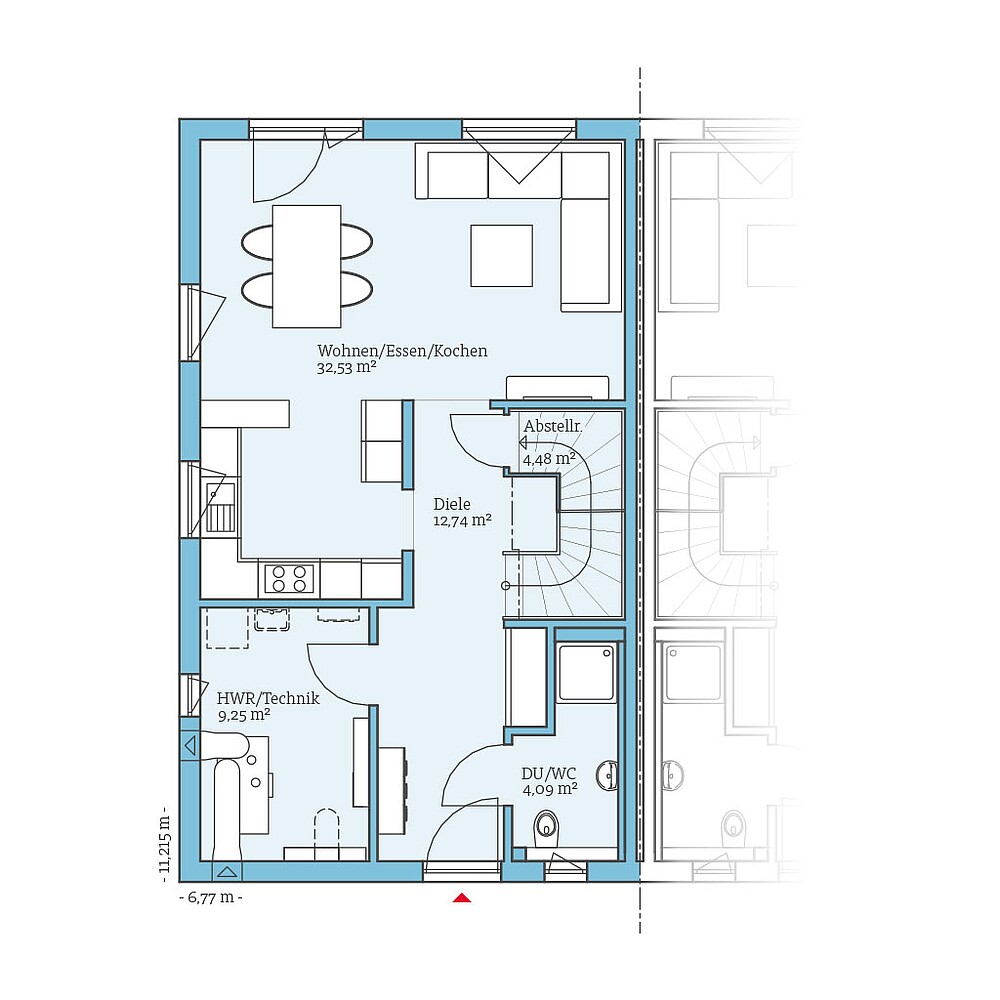 Grundriss (Erdgeschoss) QNG⁺-Line Doppelhaus 179: Grundriss EG - Hanse Haus