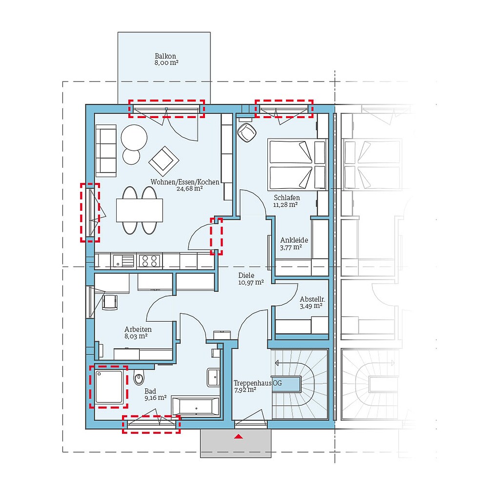 Planungsoption (Obergeschoss) QNG⁺-Line Doppelhaus 159: Grundrissoption 1 OG - Hanse Haus