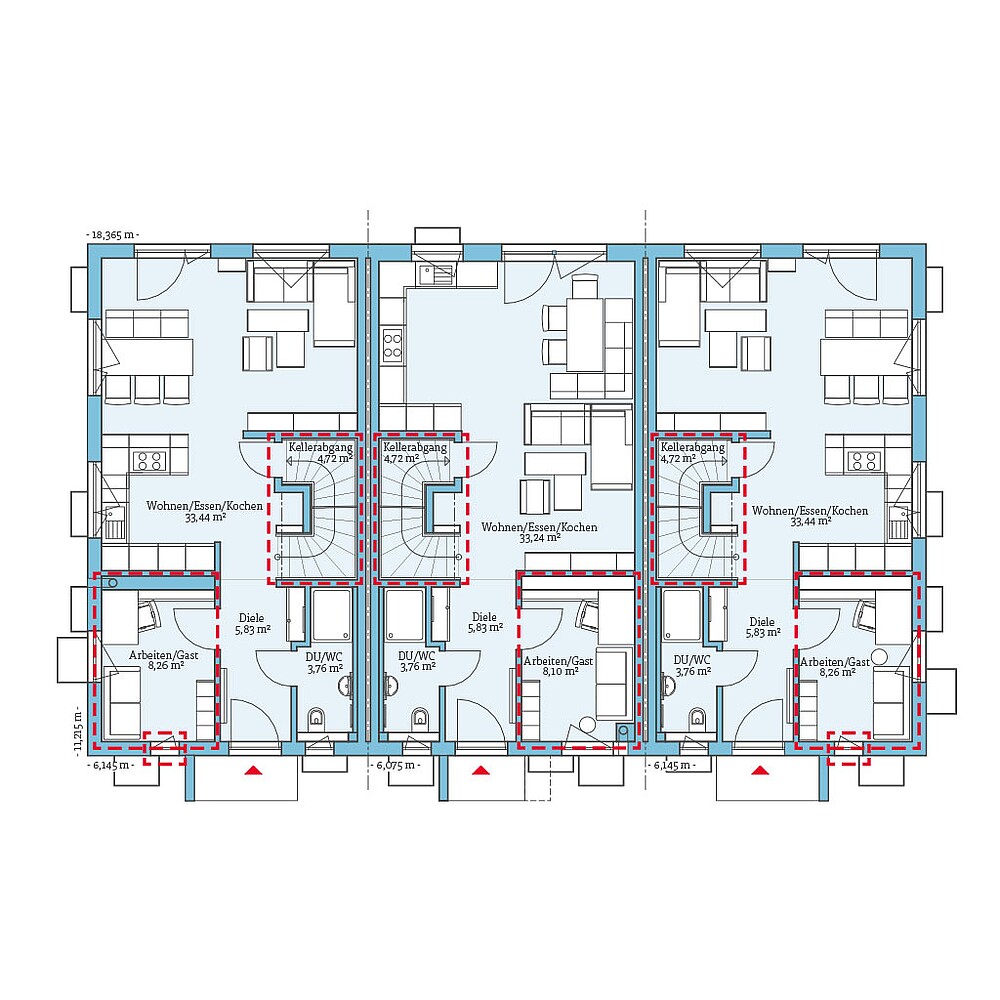 Planungsoption mit Keller (Erdgeschoss) QNG⁺-Line: Reihenhaus 161: Grundrissoption 2 EG - Hanse Haus