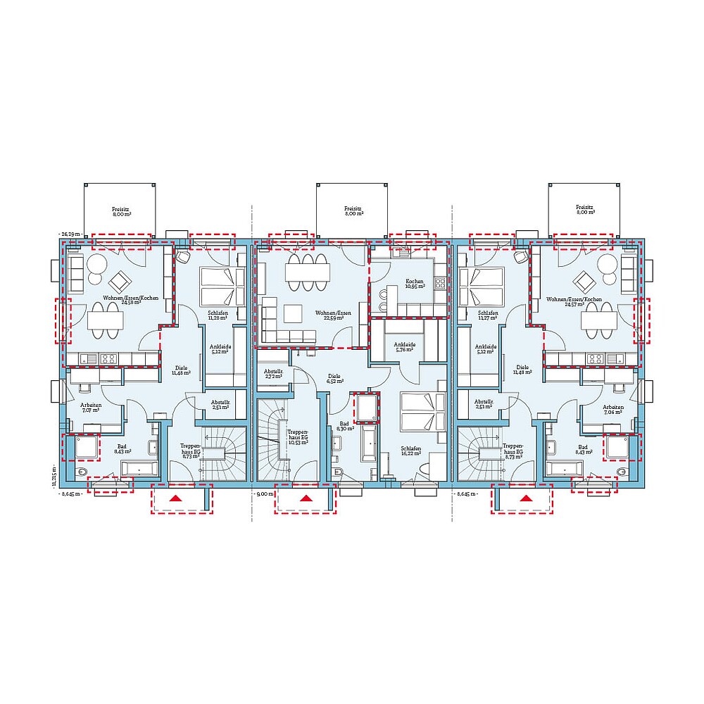 Planungsoption mit Keller (Erdgeschoss) QNG⁺-Line: Reihenhaus 159-168: Grundrissoption 2 EG - Hanse Haus