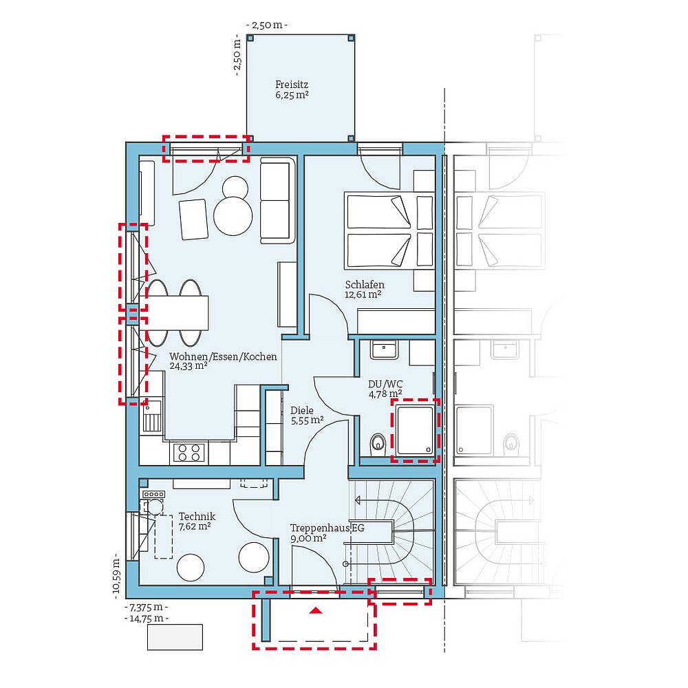 QNG⁺-Line Doppelhaus 35-125: Grundrissoption EG - Hanse Haus