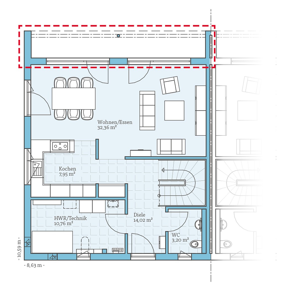 Prefabricated semi-detached house 135: Ground floor plan option