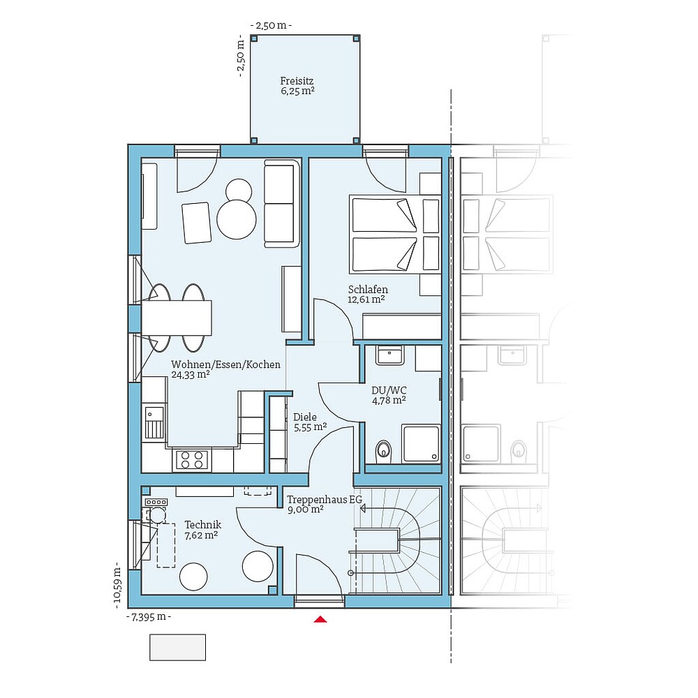 QNG⁺-Line Doppelhaus 35-125: Grundriss EG - Hanse Haus