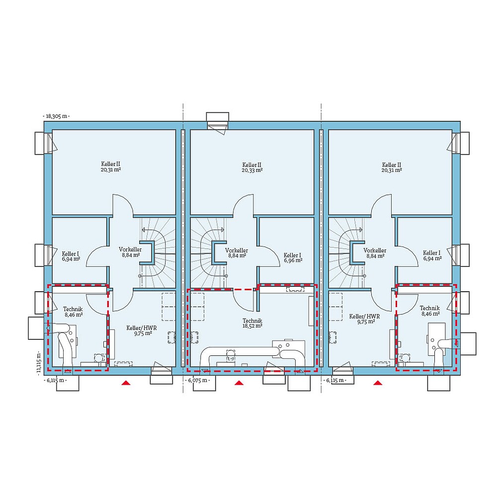 Planungsoption (Kellergeschoss) QNG⁺-Line: Reihenhaus 161: Grundrissoption 1 KG - Hanse Haus