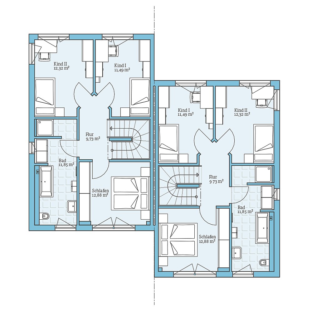 Obergeschoss Fertighaus Doppelhaus 164: Grundriss OG