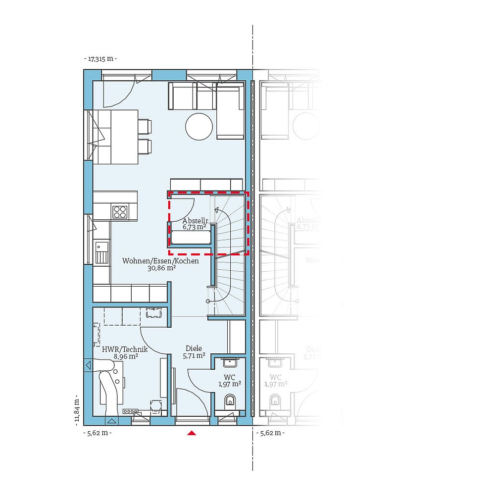 Planungsoption (Erdgeschoss) QNG⁺-Line: Doppelhaus 109: Grundrissoption 1 EG - Hanse Haus