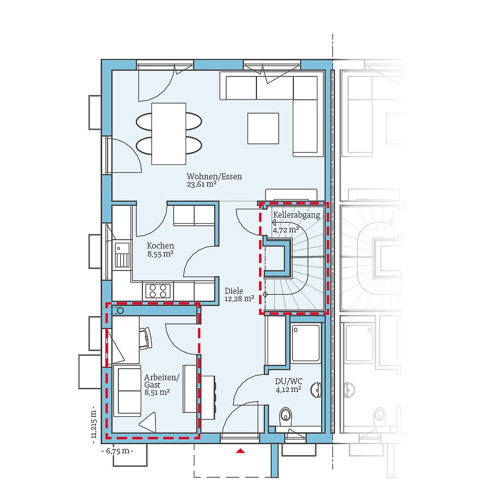 Planungsoption mit Keller (Erdgeschoss) QNG⁺-Line: Doppelhaus 25-125: Grundrissoption 2 EG - Hanse Haus