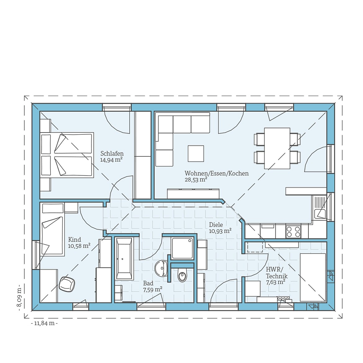 Grundriss: Erdgeschoss Fertighaus Bungalow 80: Grundriss EG