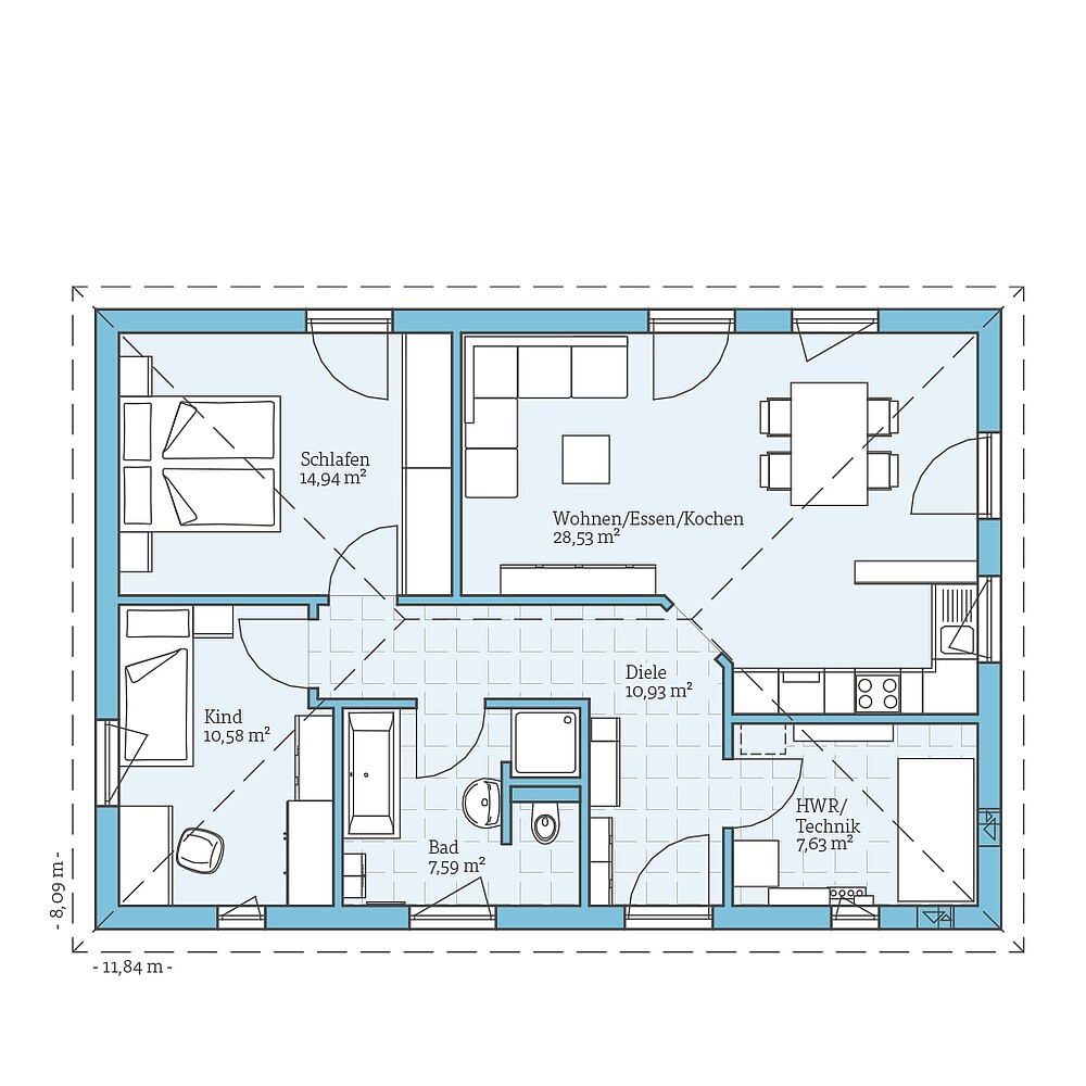 Fertighaus Bungalow 80: Grundriss EG - Hanse Haus Fertighaus Bungalow 80: Grundriss EG