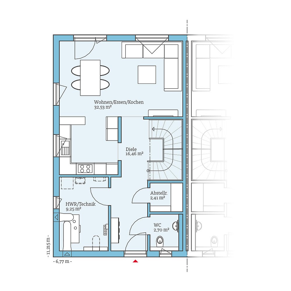 Grundriss (Erdgeschoss) QNG⁺-Line: Doppelhaus 125: Grundriss EG - Hanse Haus