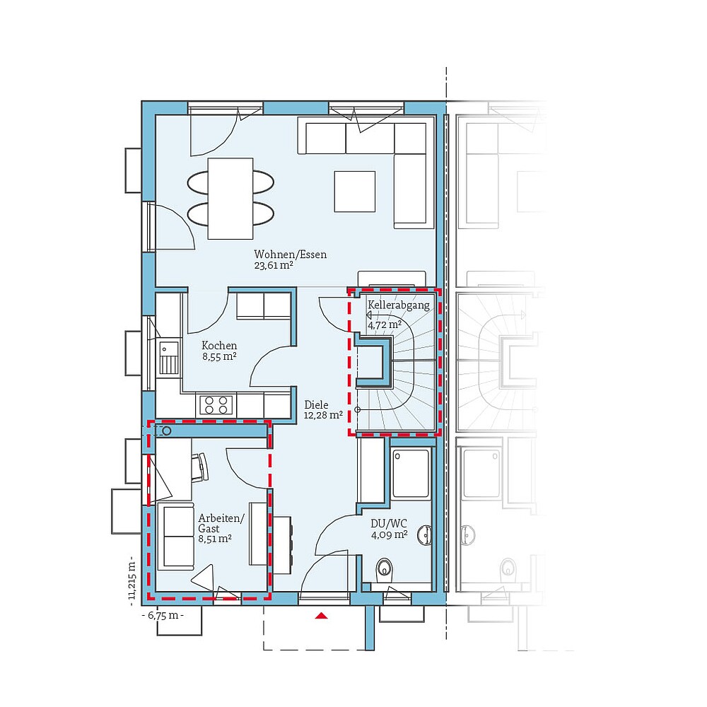 Planungsoption mit Keller (Erdgeschoss) QNG⁺-Line: Doppelhaus 38-124: Grundrissoption 2 EG - Hanse Haus