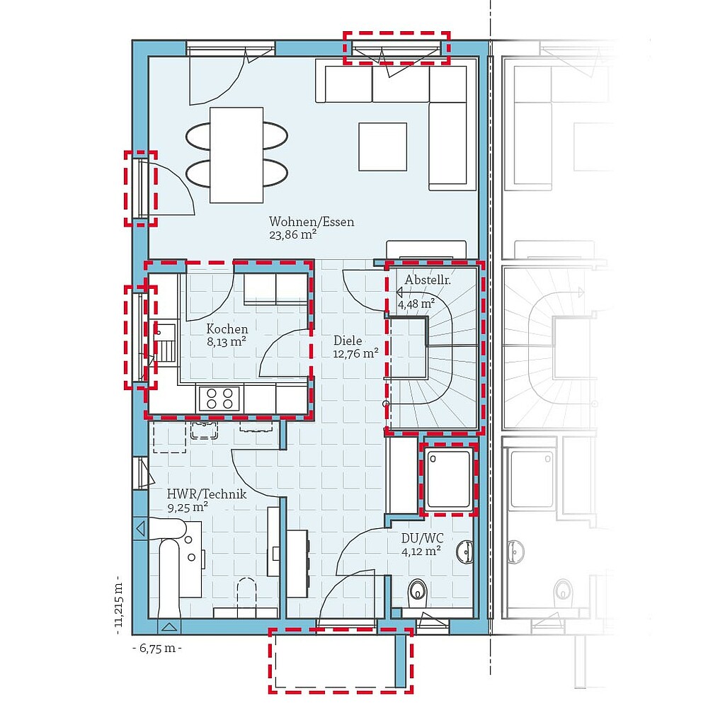 QNG⁺-Line: Fertighaus Doppelhaus 125: Grundrissoption 1 EG