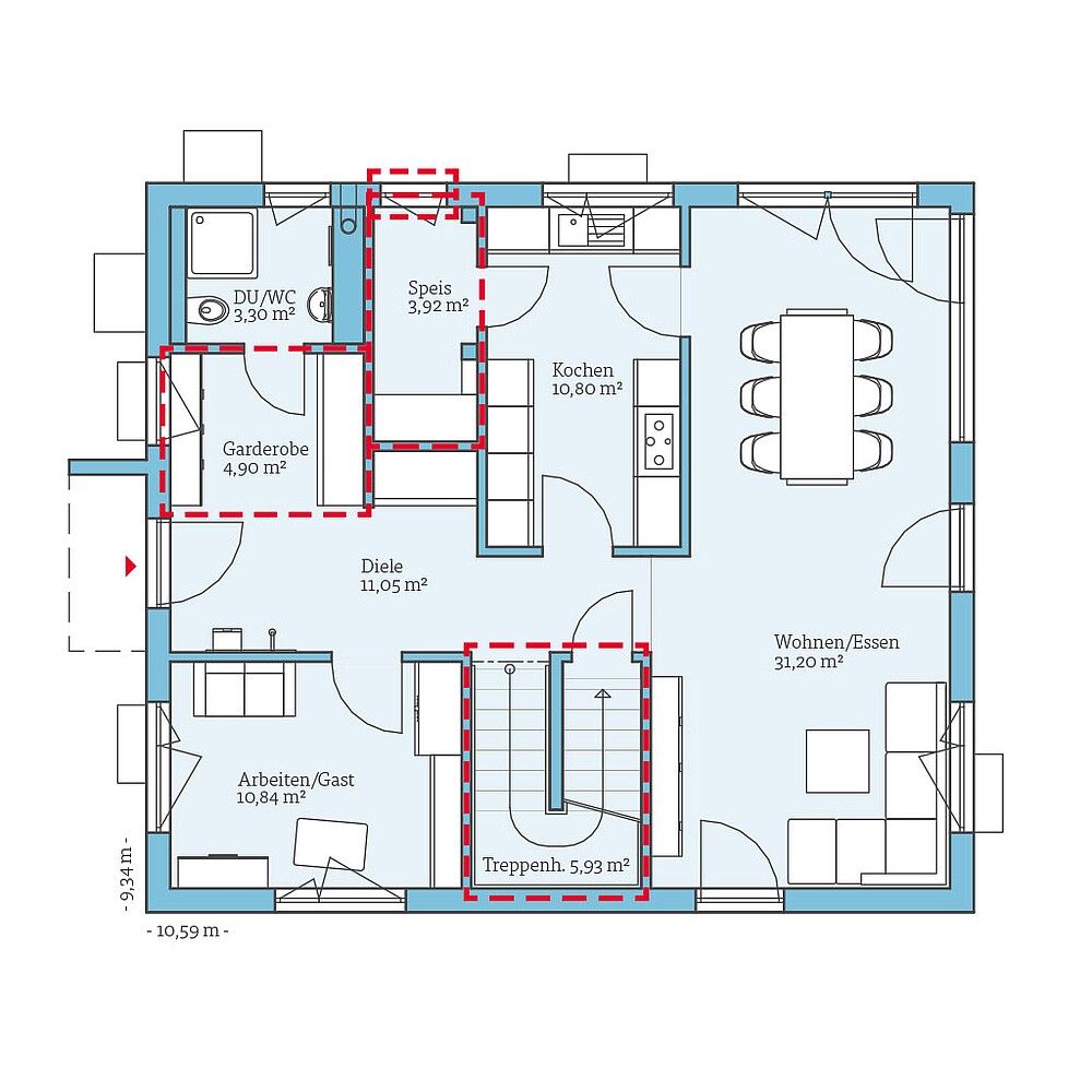 Planungsoption mit Keller (Erdgeschoss) QNG⁺-Line: Villa 165: Grundrissoption 2 EG - Hanse Haus