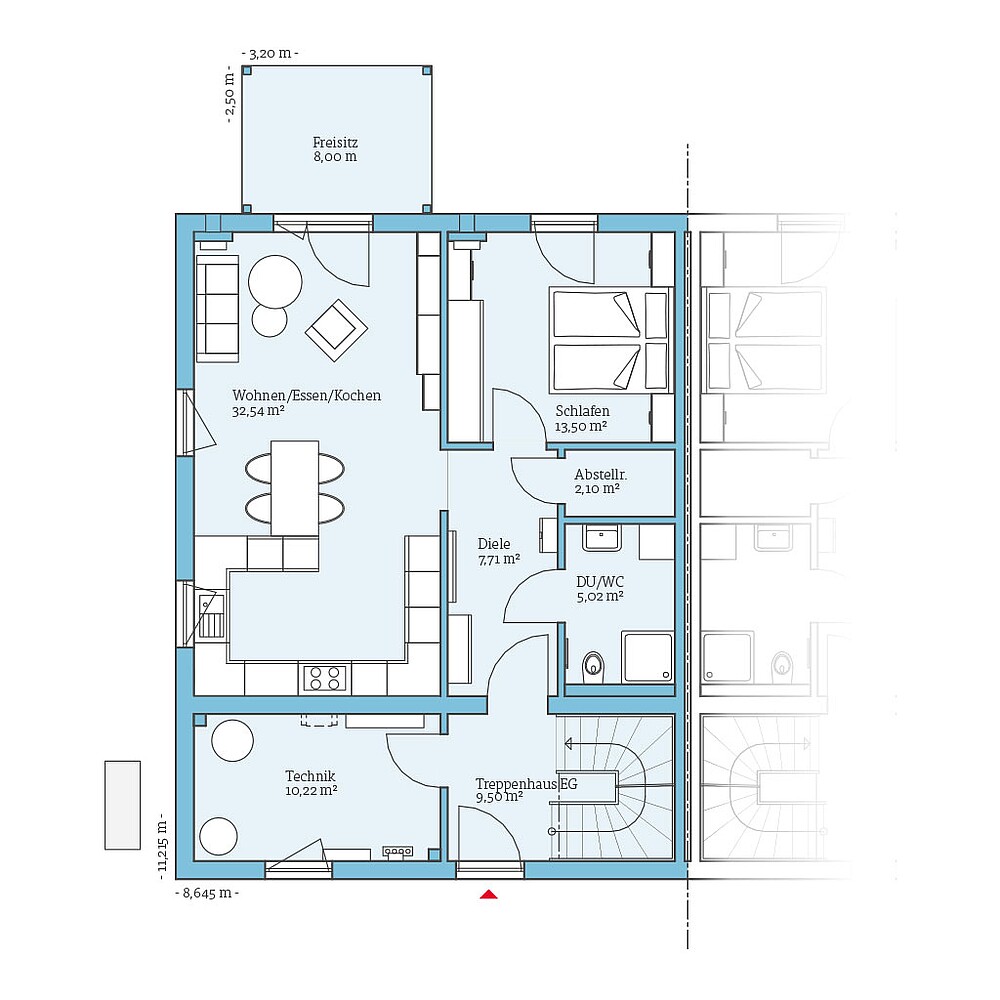 Grundriss (Erdgeschoss) QNG⁺-Line Doppelhaus 159: Grundriss EG - Hanse Haus