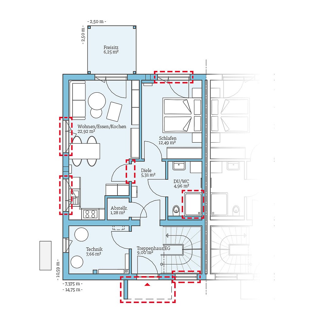 Planungsoption (Erdgeschoss) QNG⁺-Line Doppelhaus 126: Grundrissoption 1 EG - Hanse Haus