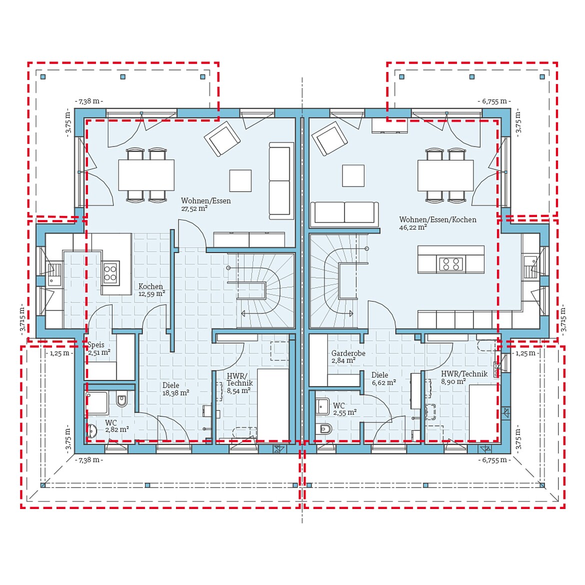 Prefabricated semi-detached house 137/126: Ground floor plan option