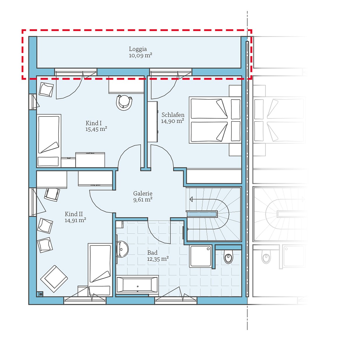 Prefabricated semi-detached house 135: Floor plan option upper floor