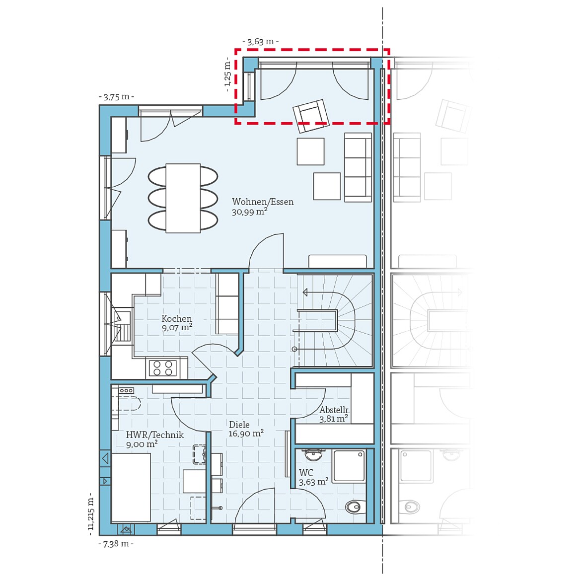Prefabricated semi-detached house 139: Ground floor plan option