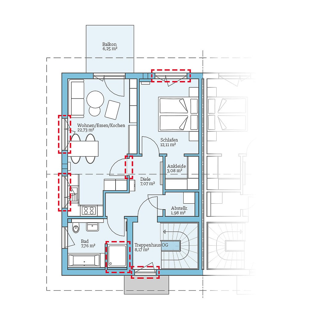 Planungsoption (Obergeschoss) QNG⁺-Line Doppelhaus 126: Grundrissoption 1 OG - Hanse Haus