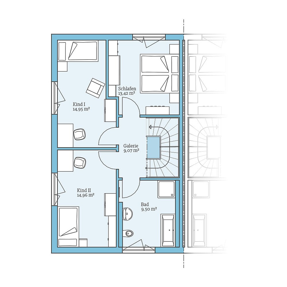 Grundriss (Obergeschoss) QNG⁺-Line Doppelhaus 179: Grundriss OG - Hanse Haus