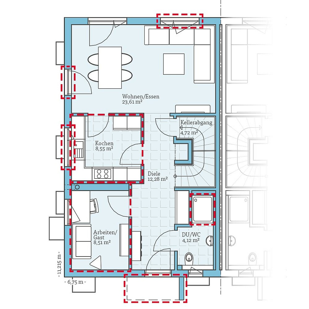 QNG⁺-Line: Fertighaus Doppelhaus 25-125: Grundrissoption 2 EG