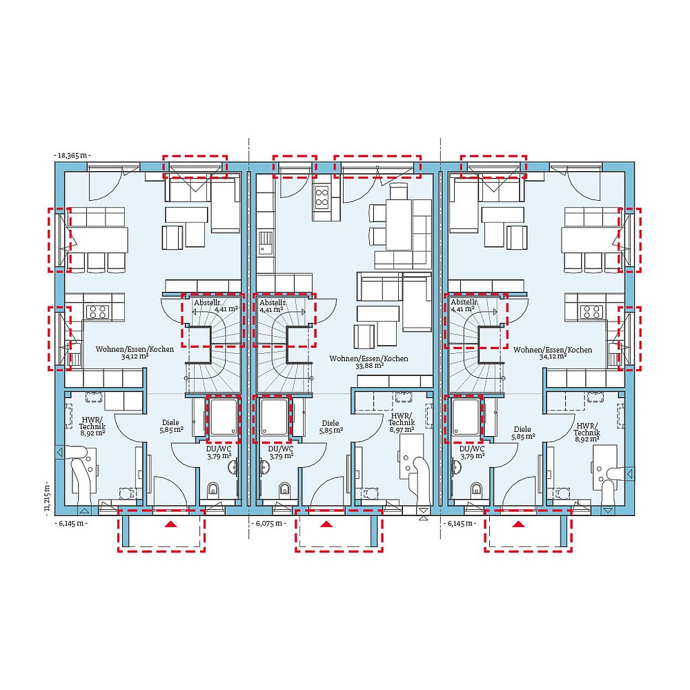 Planungsoption (Erdgeschoss) QNG⁺-Line Reihenhaus 113: Grundrissoption 1 EG - Hanse Hause