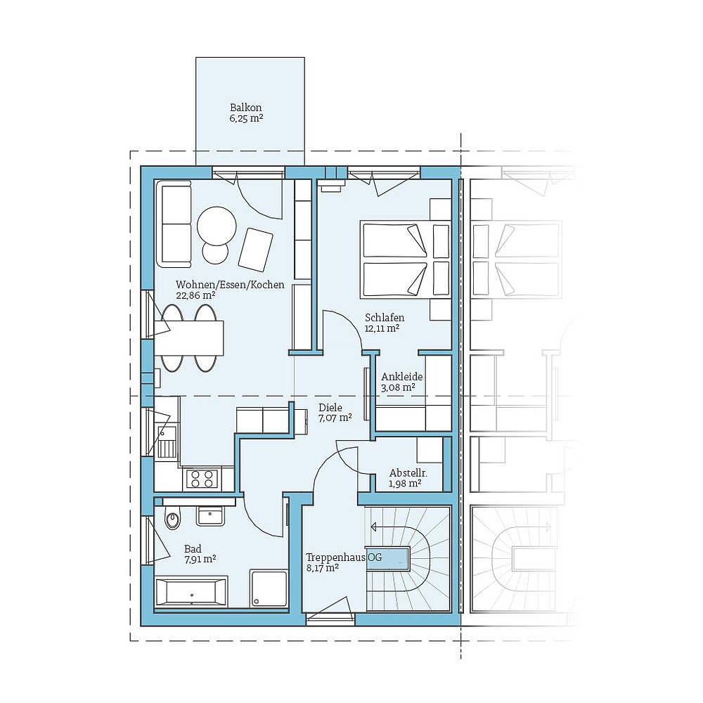 Grundriss (Obergeschoss) QNG⁺-Line Doppelhaus 126: Grundriss OG - Hanse Haus