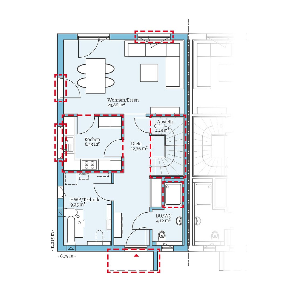 Planungsoption (Erdgeschoss) QNG⁺-Line: Doppelhaus 25-125: Grundrissoption 1 EG - Hanse Haus