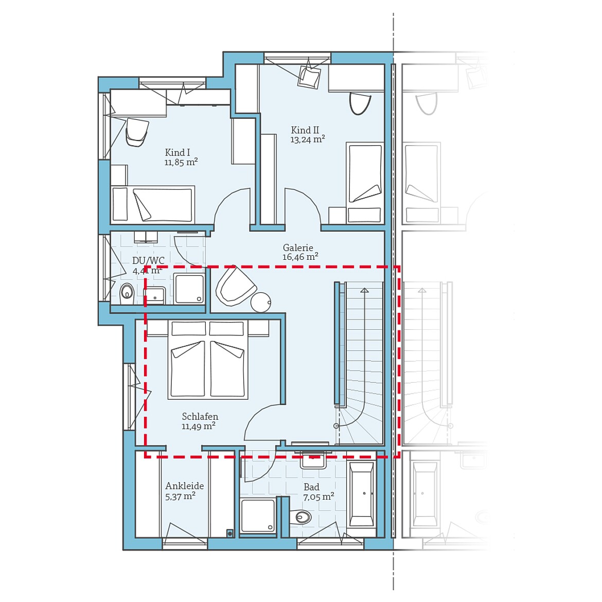 Prefabricated semi-detached house 144: Floor plan option upper floor
