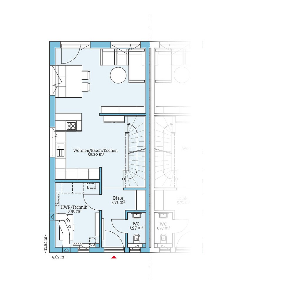 Grundriss (Erdgeschoss) QNG⁺-Line: Doppelhaus 109: Grundriss EG - Hanse Haus