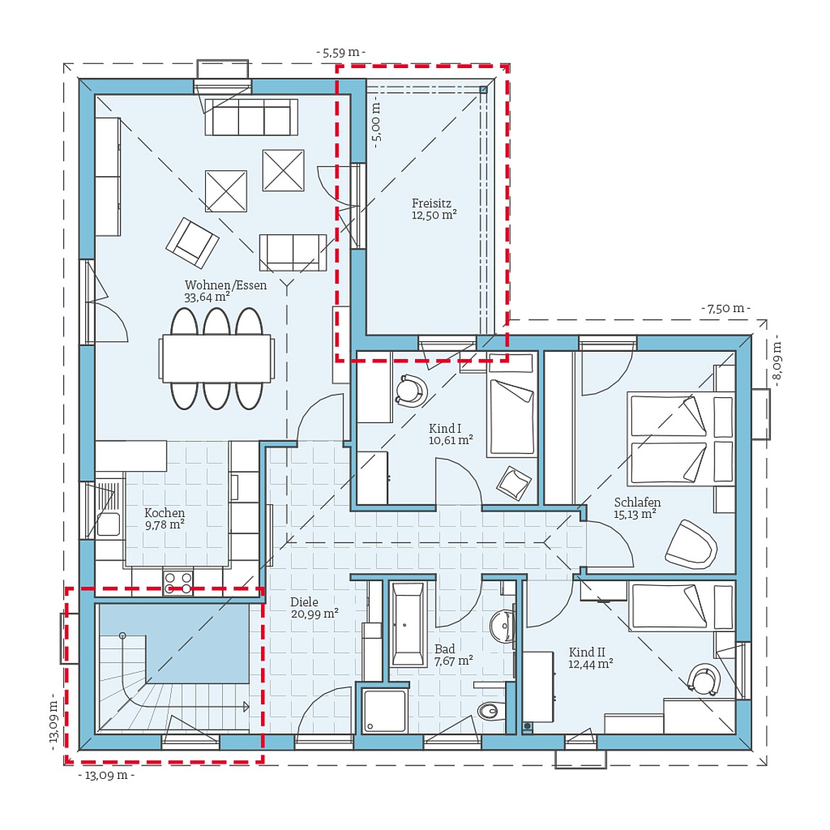 Prefabricated house Bungalow 113: Floor plan option ground floor