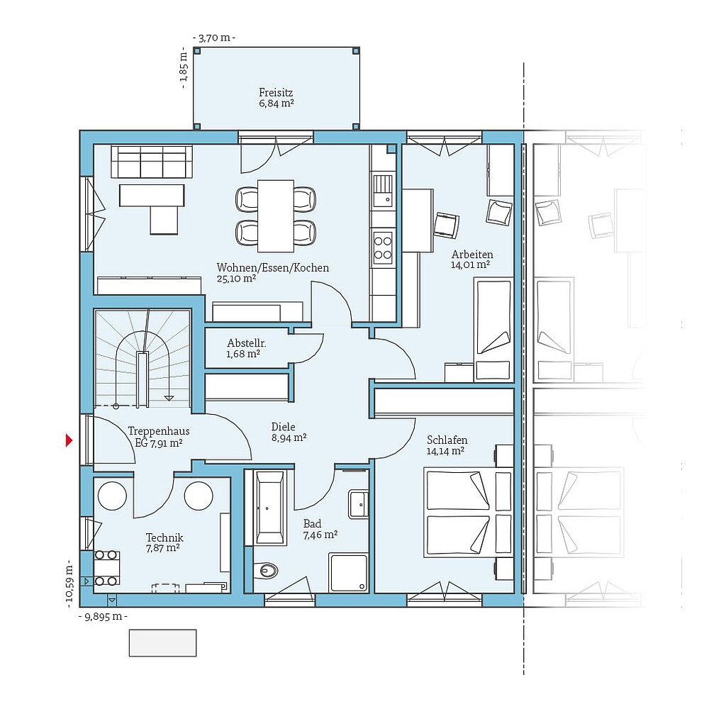 QNG⁺-Line Doppelhaus 174: Grundriss EG - Hanse Haus