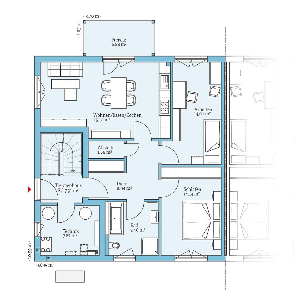 QNG⁺-Line Doppelhaus 174: Grundriss EG - Hanse Haus