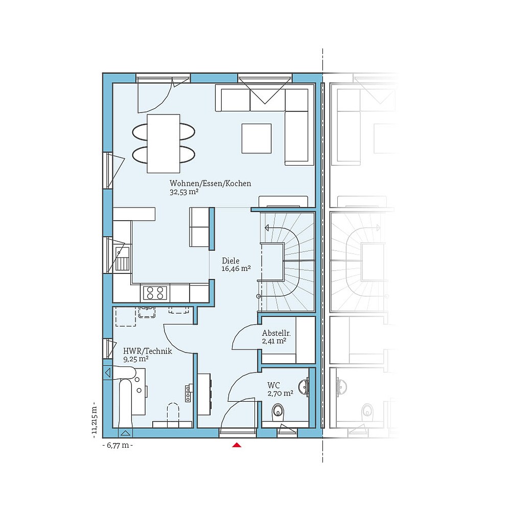 Grundriss (Erdgeschoss) QNG⁺-Line: Doppelhaus 38-124: Grundriss EG - Hanse Haus