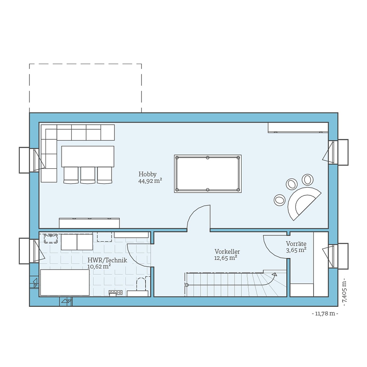 Prefabricated house Cubus 148: Basement floor plan option