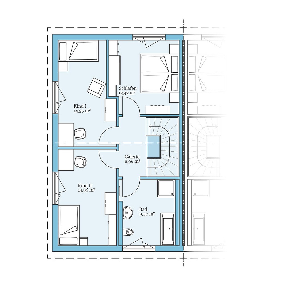 Grundriss (Obergeschoss) QNG⁺-Line: Doppelhaus 125: Grundriss OG - Hanse Haus