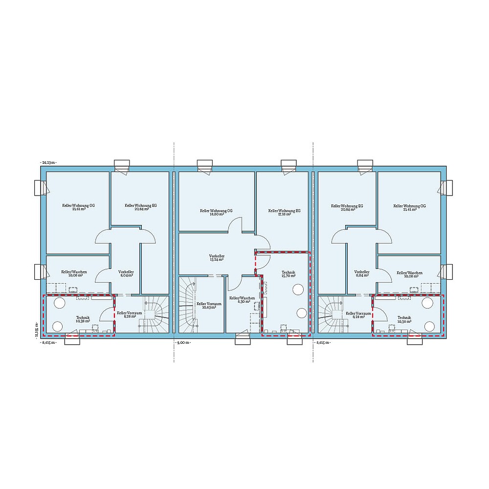 Planungsoption mit Keller (Keller) QNG⁺-Line: Reihenhaus 159-168: Grundrissoption 1 KG - Hanse Haus
