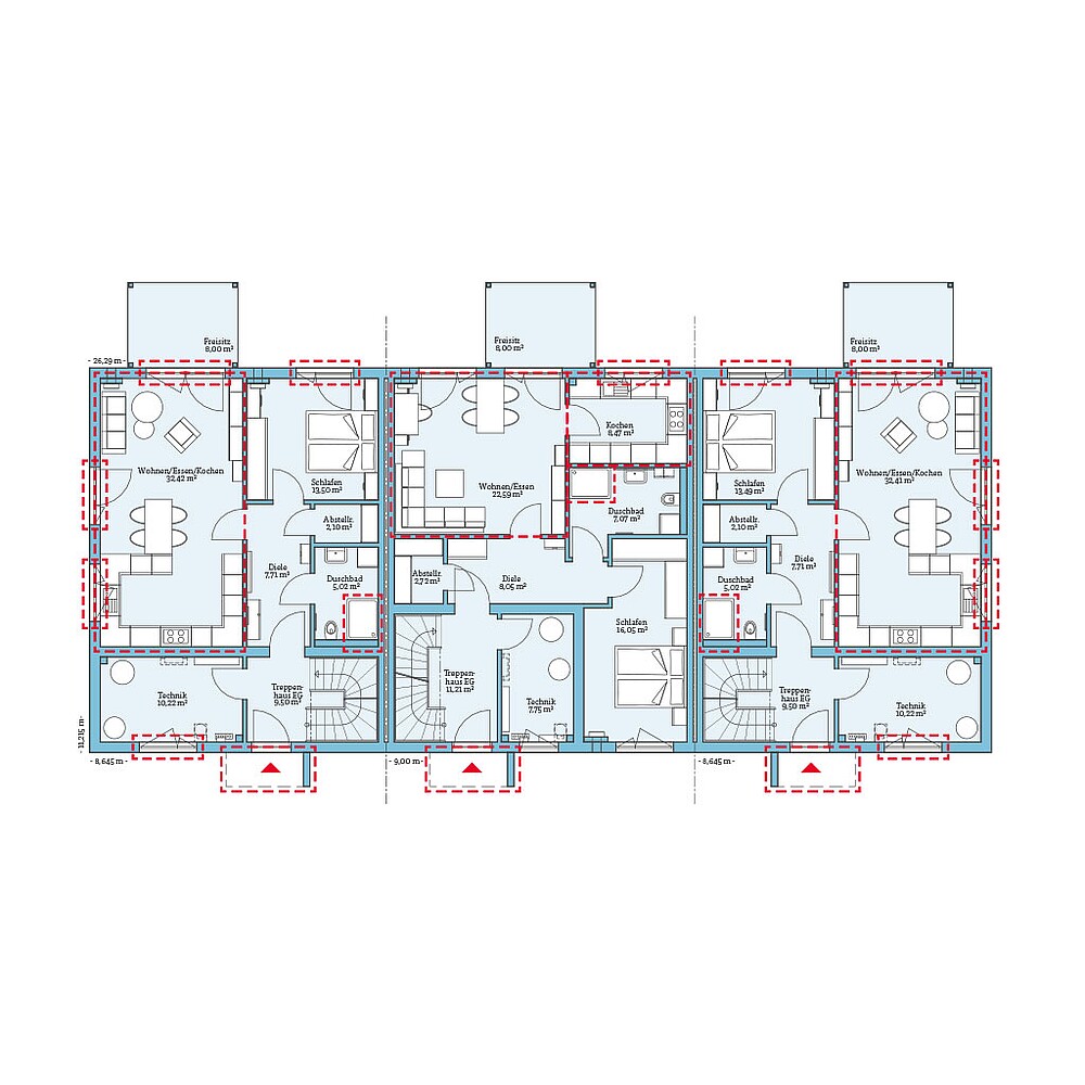 Planungsoption (Erdgeschoss) QNG⁺-Line: Reihenhaus 159-168: Grundrissoption 1 EG - Hanse Haus