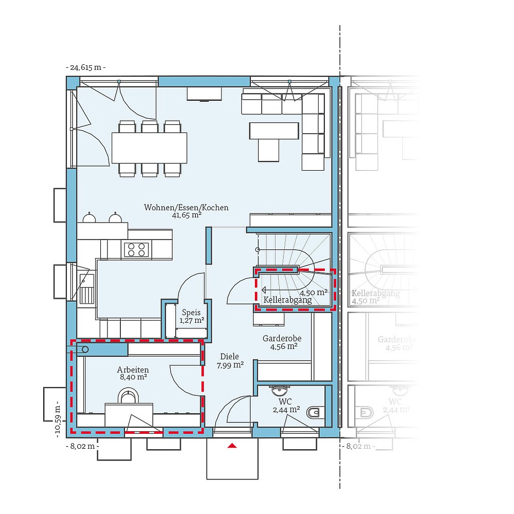 QNG⁺-Line: Doppelhaus 35-142: Grundrissoption 2 EG - Hanse Haus