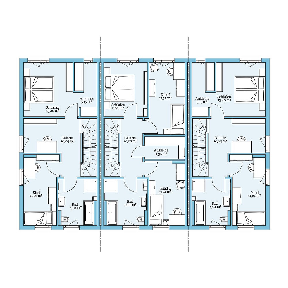 Grundriss (Obergeschoss) QNG⁺-Line: Reihenhaus 153/172: Grundriss OG - Hanse Haus